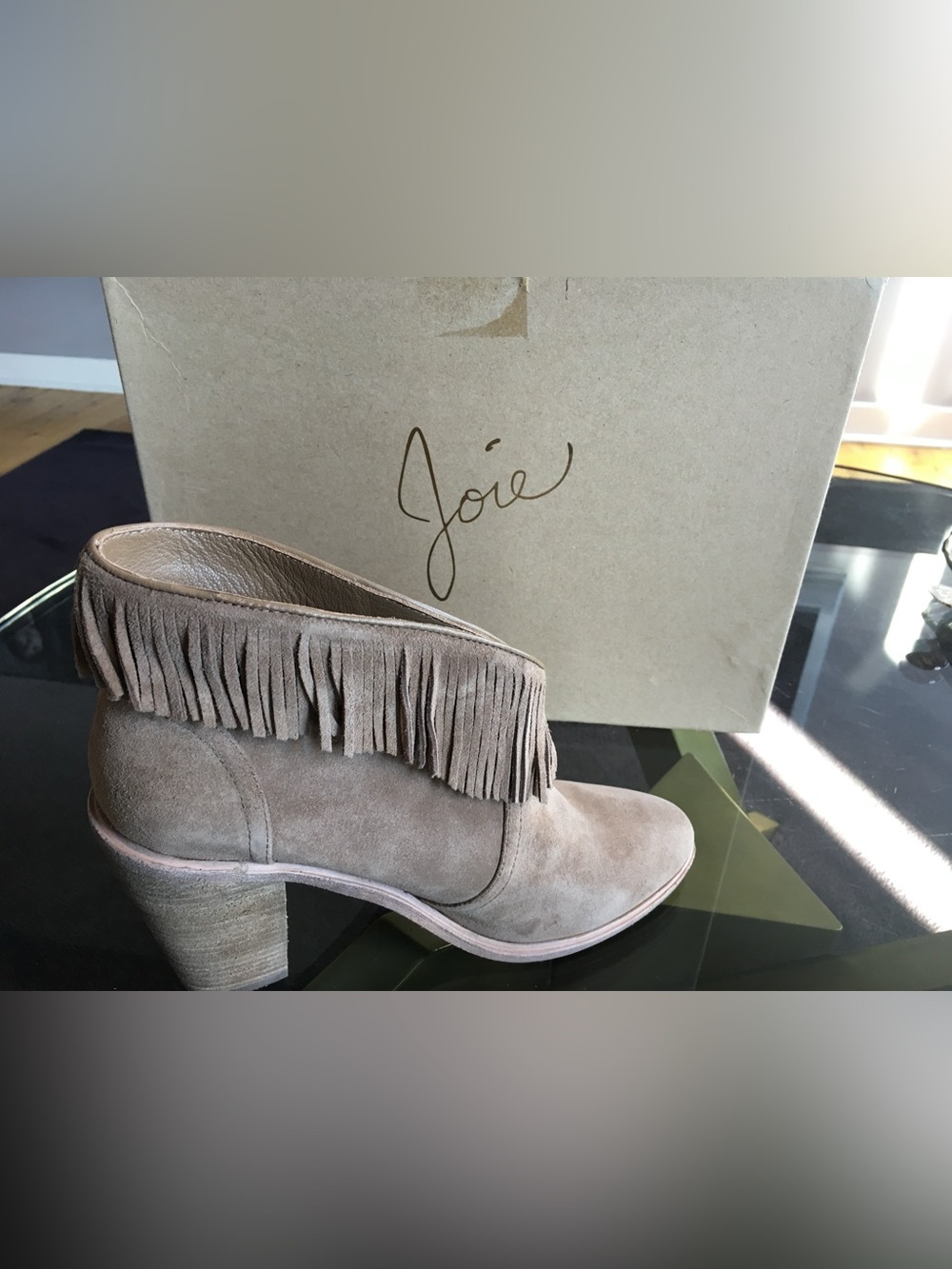 New in Box Joie Taupe Suede Fringe Ankle Booties